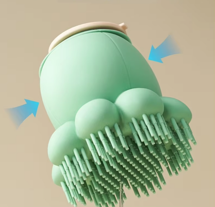 Ergonomic pet bath brush with soft silicone bristles & shampoo dispenser. Ideal for dog and cat grooming.