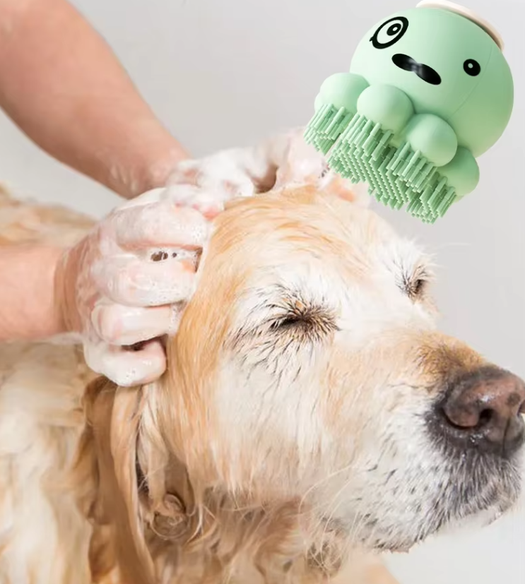 Pet bath & grooming brush. Shampoo dispenser for gentle dog massage & cat care. Easy to clean grooming tool.
