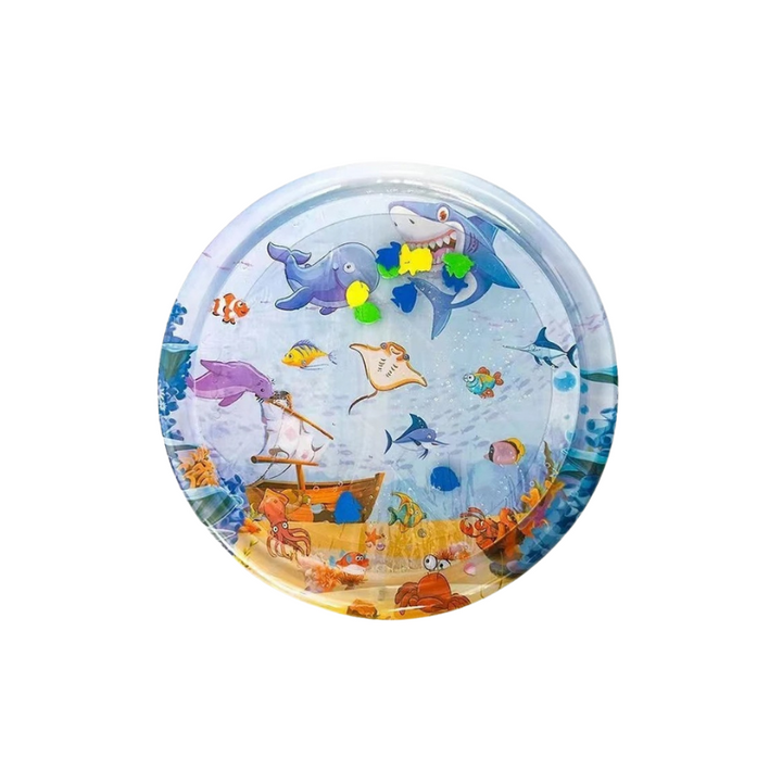 Happy dog splashes on a blue interactive cooling water play mat, enjoying summer fun & sensory stimulation.