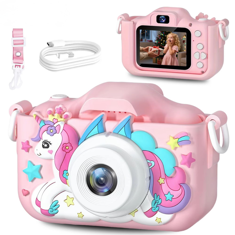 Pink kids digital camera with 32GB storage, rechargeable battery, perfect for young children's photography & creative play.