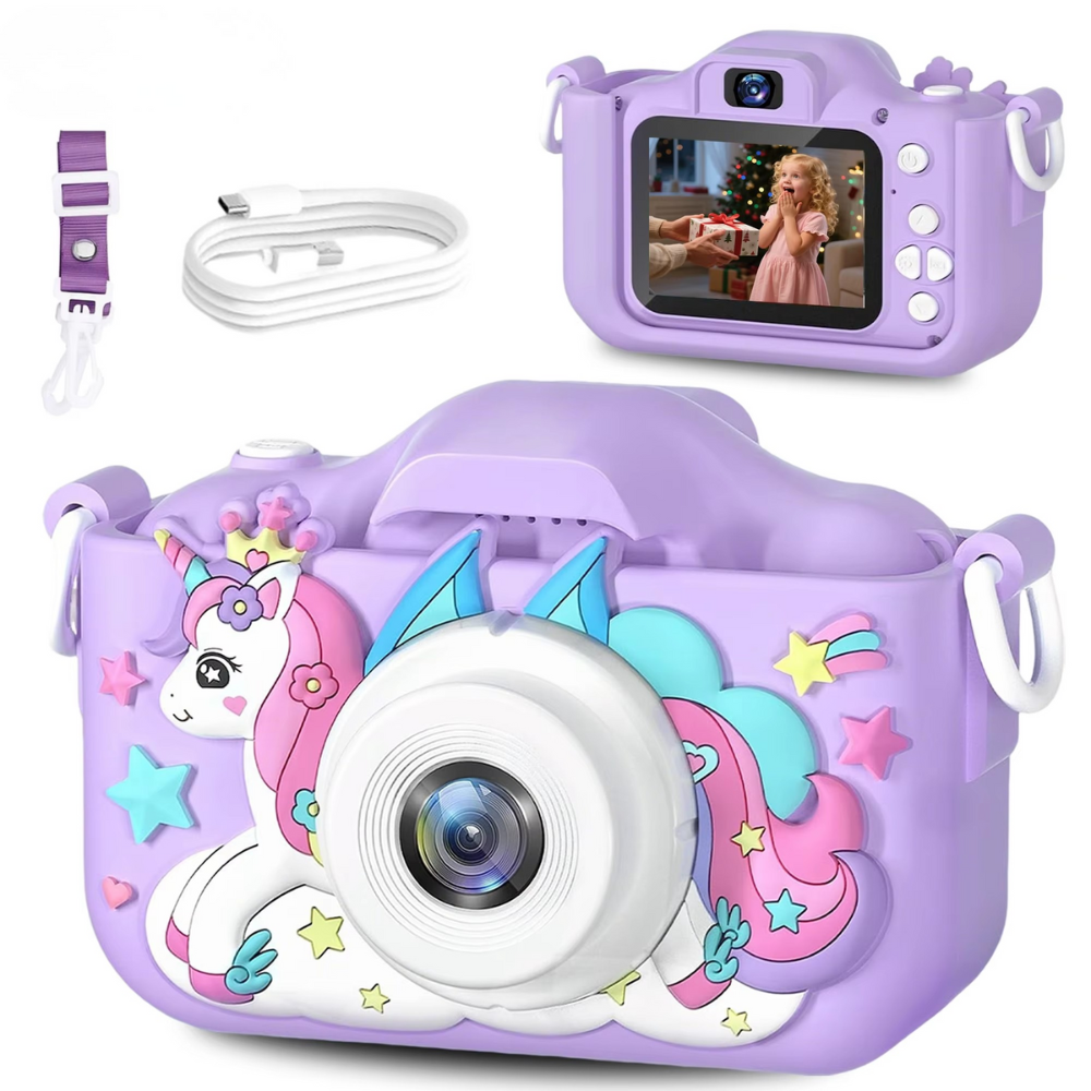 Purple children's toy camera, 32GB, rechargeable. Encourages kids photography, creativity & educational fun.