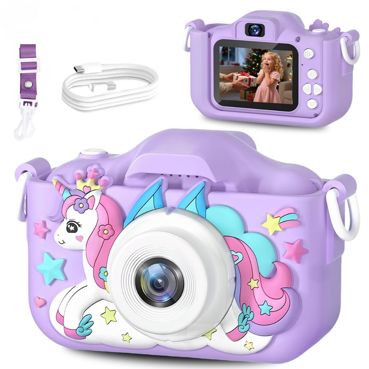 Purple children's toy camera, 32GB, rechargeable. Encourages kids photography, creativity & educational fun.