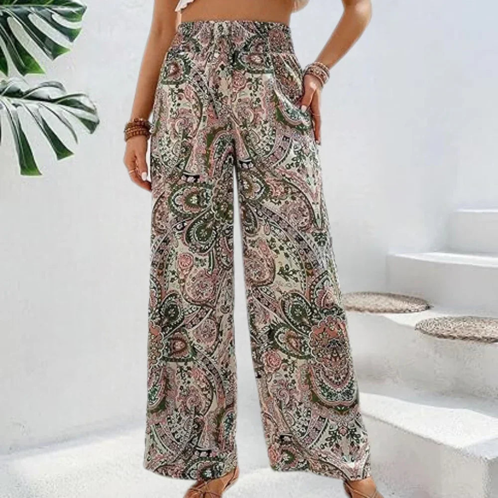 Beige women's wide-leg trousers, boho style with slanted pockets, ideal for comfortable casual wear.