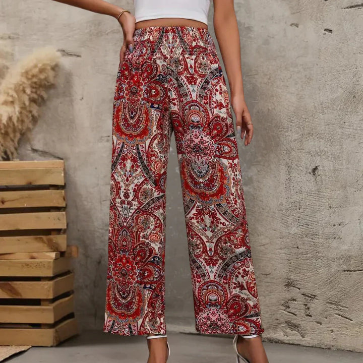 Full view of women's wide-leg boho trousers in a vibrant color, showcasing ankle length and comfort.