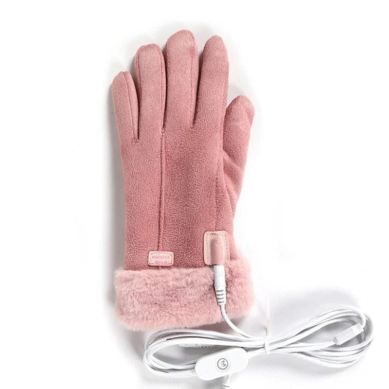 Pink women's rechargeable heated winter gloves with touchscreen, insulated for extreme cold weather & outdoor use.