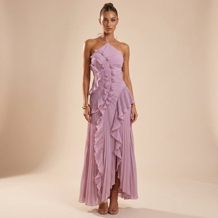 Elegant women's strapless ruffle maxi dress, perfect for special occasions and evening events.
