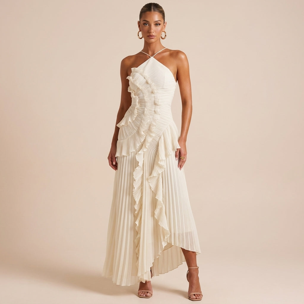 Stylish women's strapless maxi dress with cascading ruffles, ideal for wedding guests & summer parties.