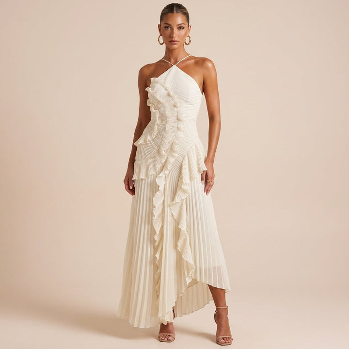 Stylish women's strapless maxi dress with cascading ruffles, ideal for wedding guests & summer parties.