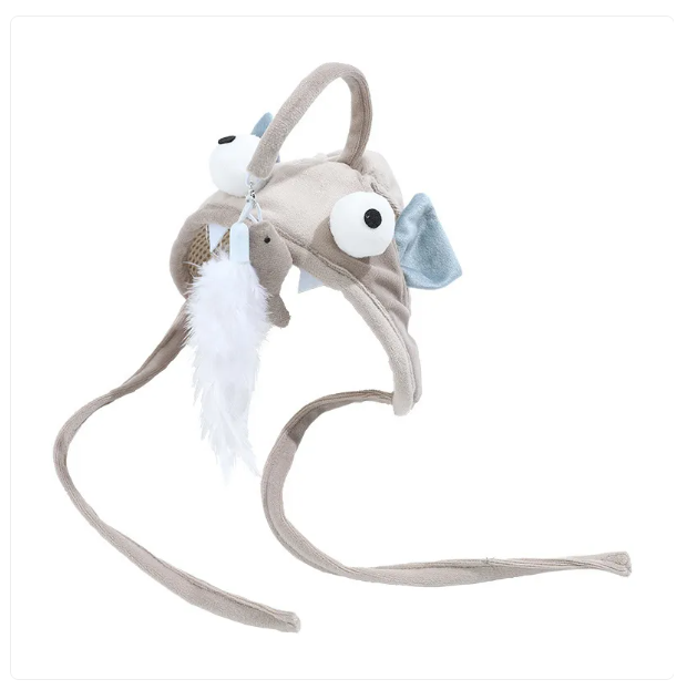 Adorable cat costume hat with an interactive feather, ideal for funny pet fashion moments.