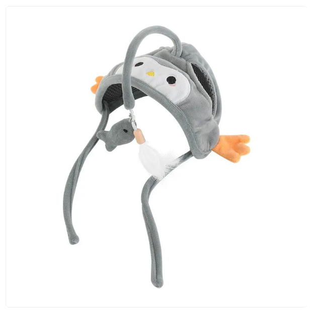 Cat hat with interactive feather pendant, stimulating a playful cat's natural instincts.