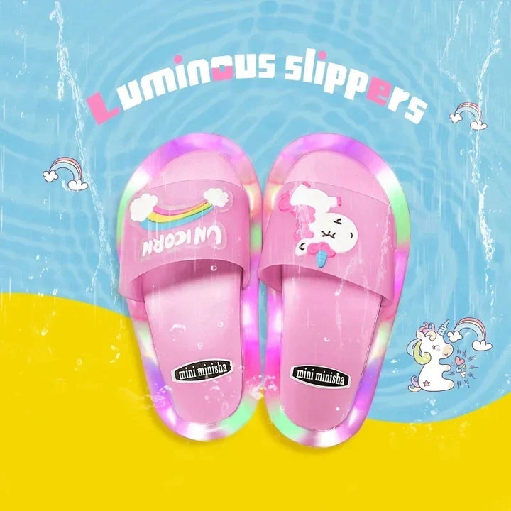 Children's light-up unicorn footwear, designed for fun and warmth. Ideal colorful toddler slippers.