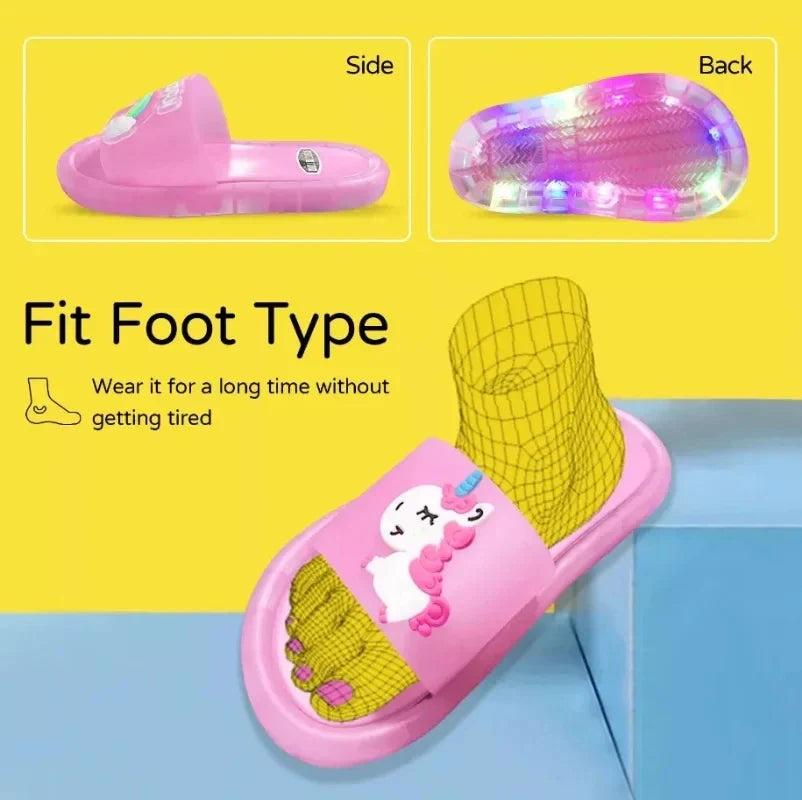 Cozy boys' and girls' unicorn slippers featuring exciting light-up soles for indoor fun & comfort.