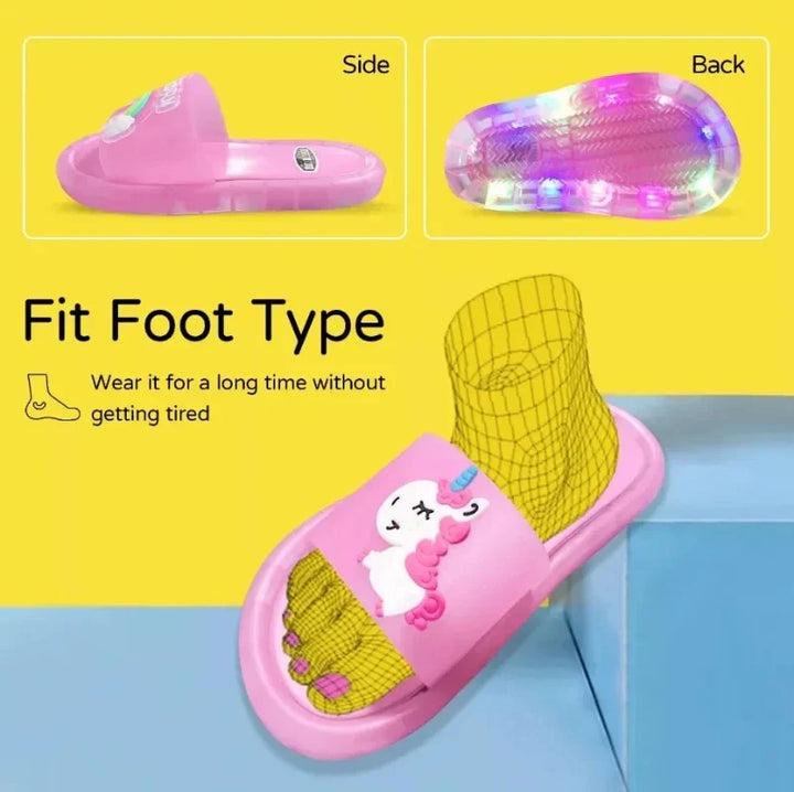 Cozy boys' and girls' unicorn slippers featuring exciting light-up soles for indoor fun & comfort.