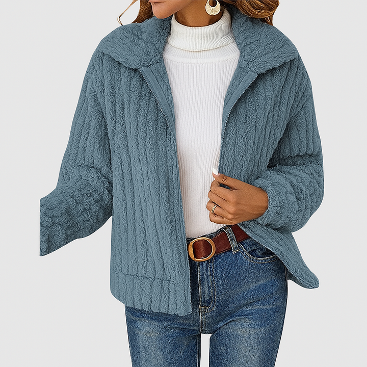 Plus size women's comfy plush fleece winter jacket in cream, front view, for casual warmth
