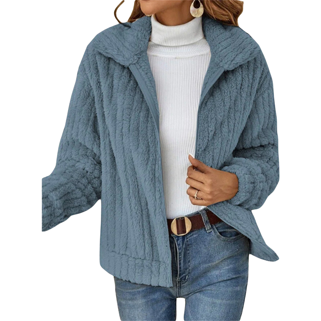 Cozy sherpa fleece winter jacket for women, side view, ideal casual outerwear for cold weather