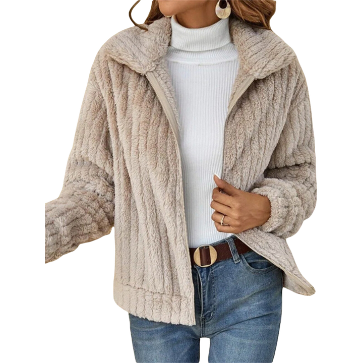 Stylish women's sherpa jacket in black, back view, perfect for warmth and casual look