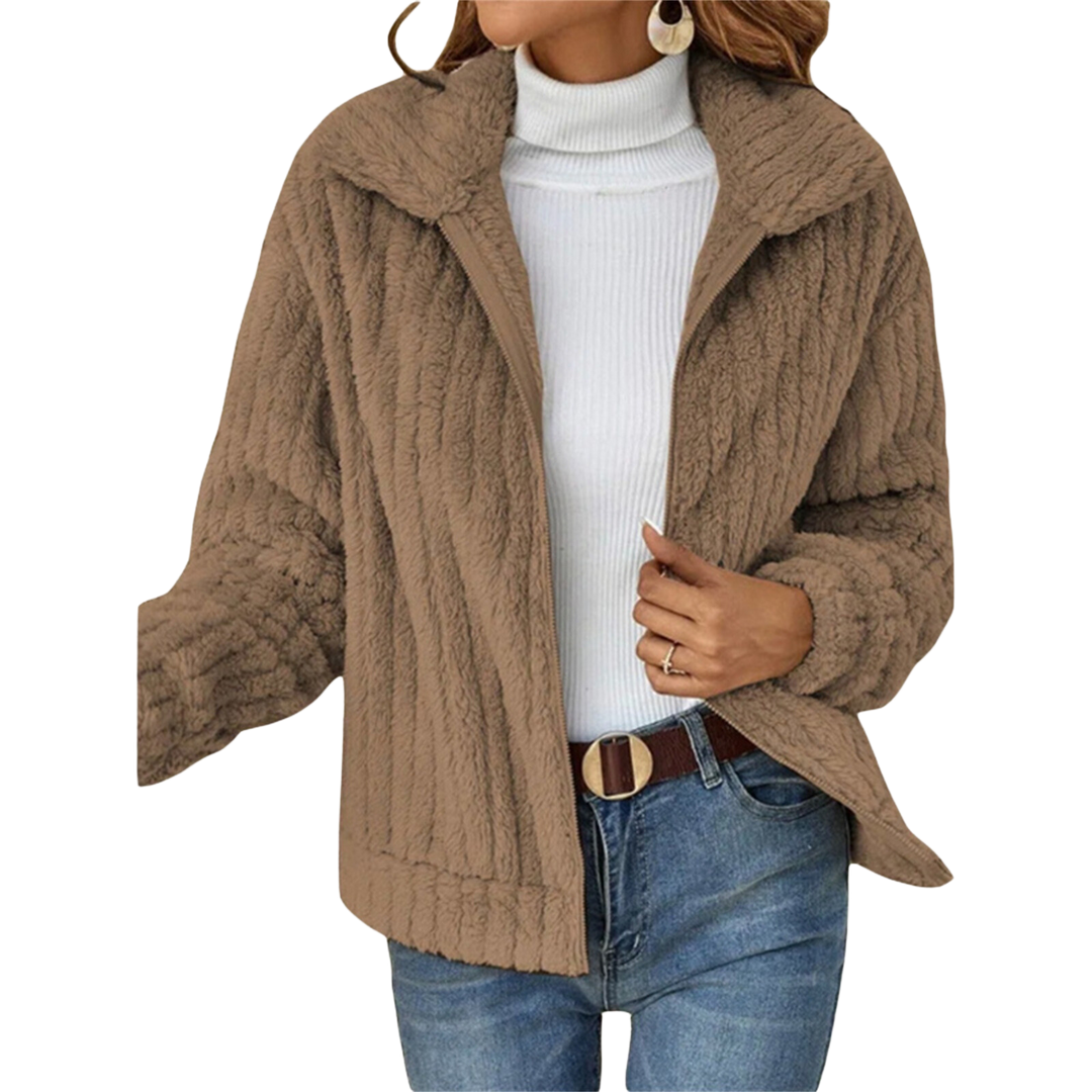 Women's comfy fleece outerwear in blush pink, open zipper, suitable for winter casual style