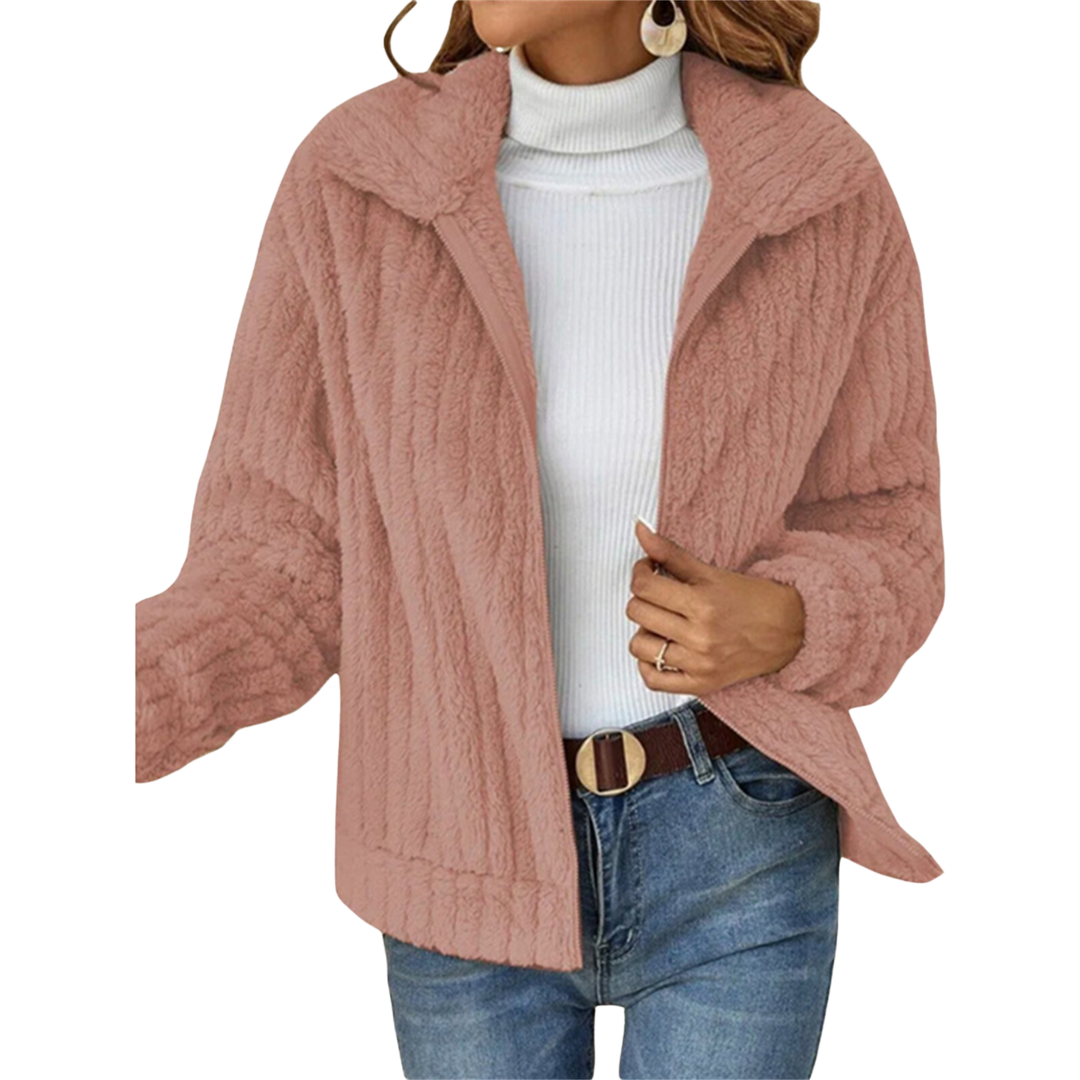 Model wearing a plus size women's plush fleece winter jacket, showcasing warm and cozy fit