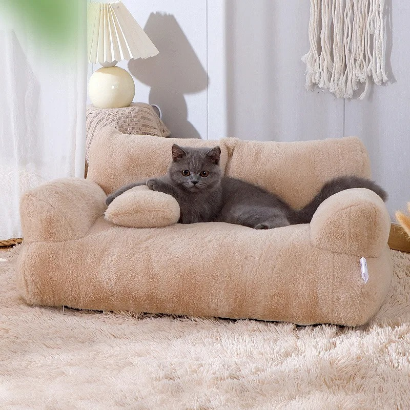 Plush beige luxury calming pet sofa bed, ultimate comfort for dogs & cats.