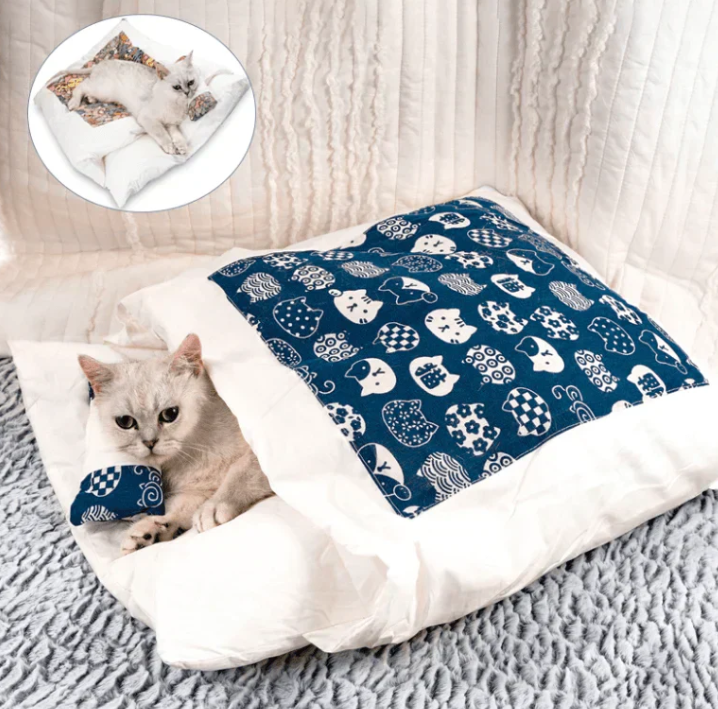 Plush cat bed & cozy sleeping bag for ultimate feline comfort.