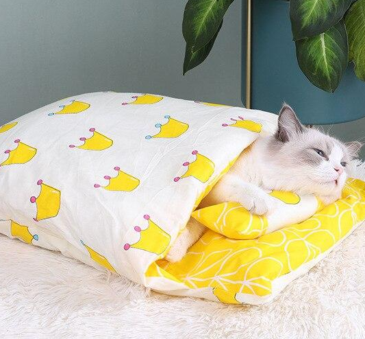 Stylish plush cat bed that doubles as a cozy sleeping bag, ideal for pet comfort.