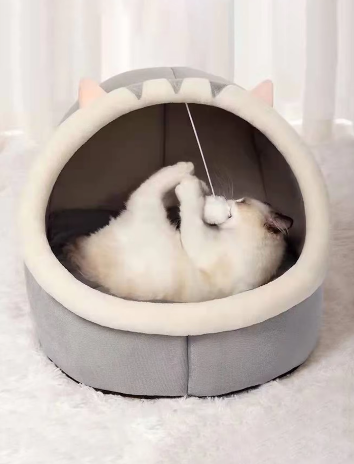 Feline comfort: Cuddly cat igloo bed with a fun play ball. A cozy pet bed and hideaway for your cat.