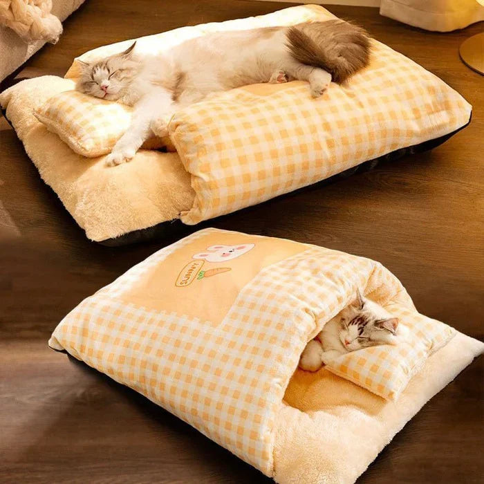 Plush cat sleeping bag bed for cozy naps. A comfortable pet bed and warm cat cave for feline comfort.