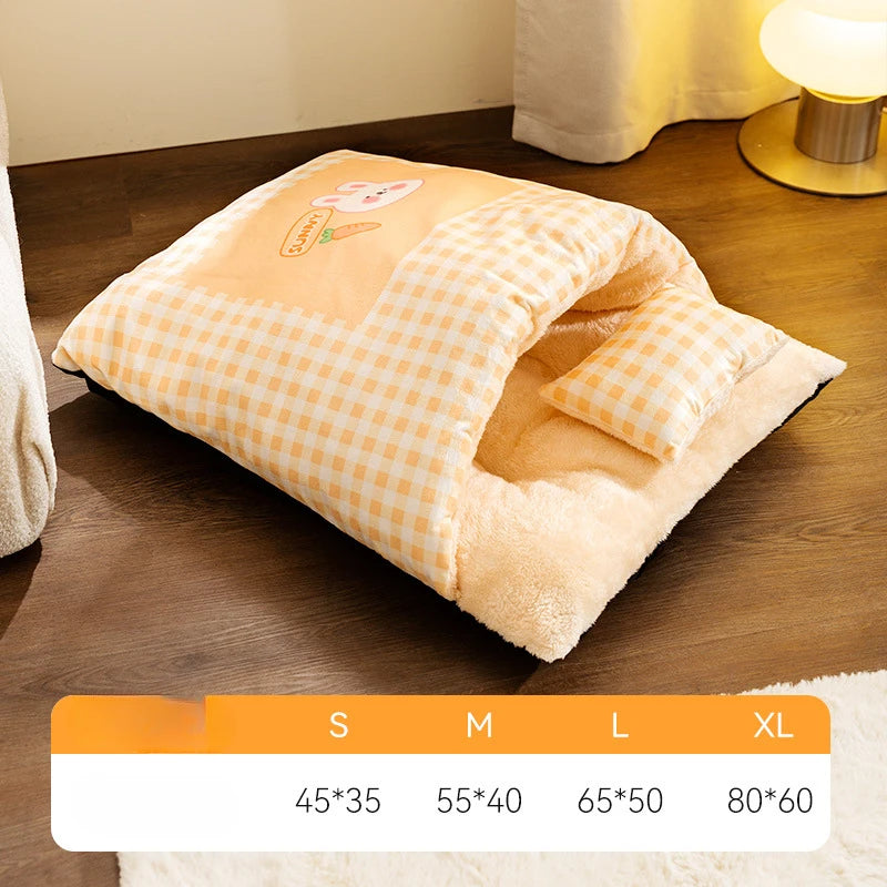 Cozy feline sleeping bag pet bed; a perfect plush cat cave for warm comfort & happy naps.