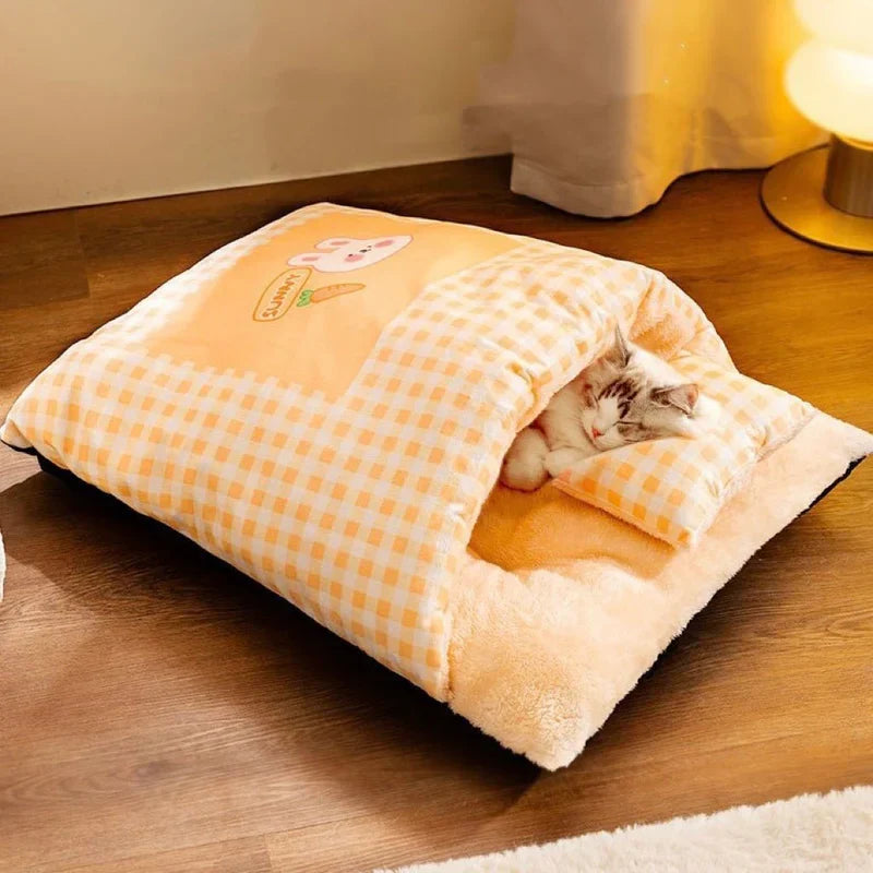 Deep plush cat cave sleeping bag bed for ultimate feline comfort & privacy. A super cozy washable pet bed.