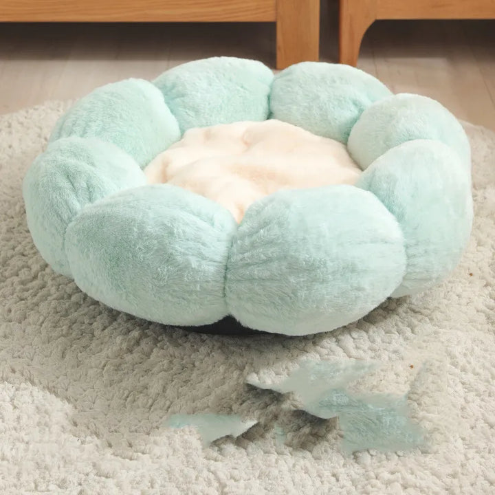 Cute flower-shaped cat bed made from ultra-soft plush material. A comfy, cozy pet retreat.