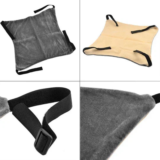 Plush gray cat hammock, hanging from a window, providing a cozy, space-saving retreat for feline comfort.