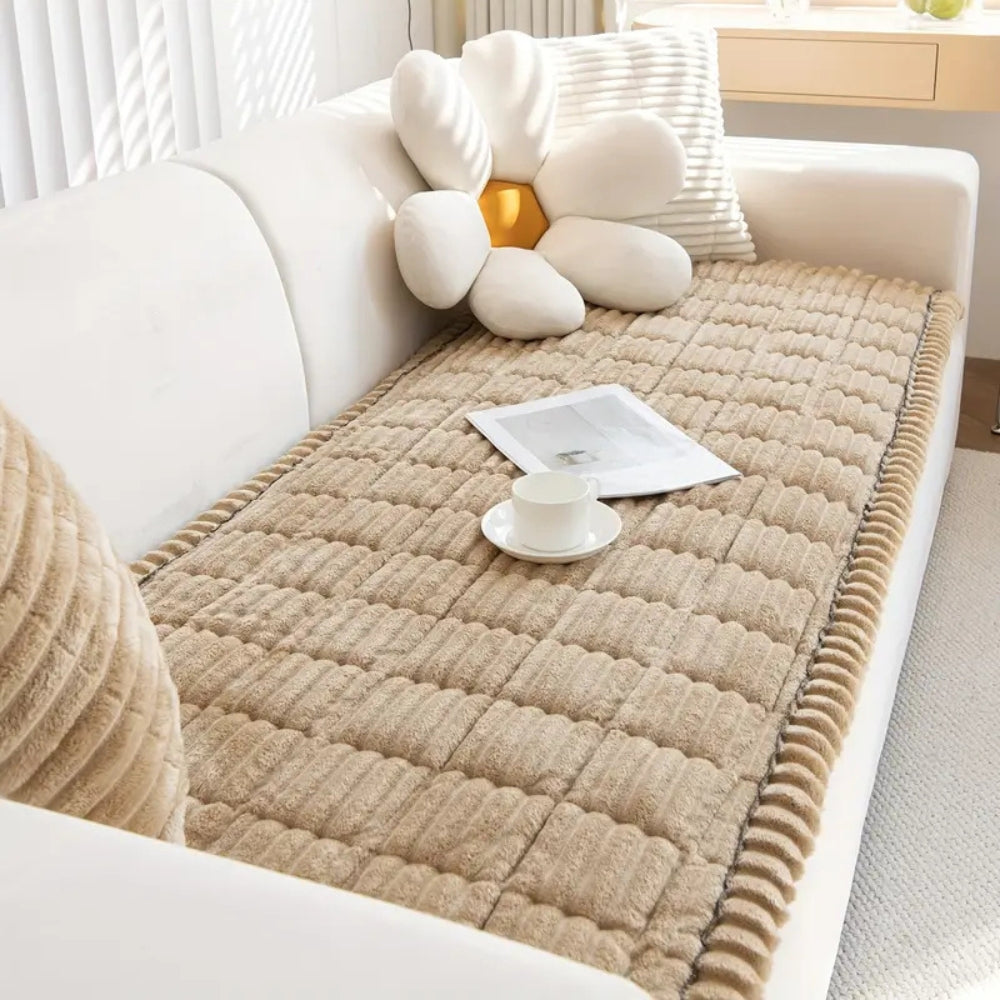 Soft fleece plush sofa protector mat, quilted for extra comfort and durability, with non-slip backing.