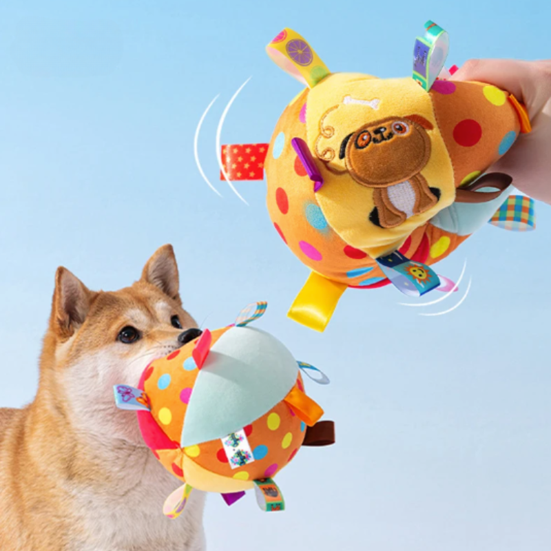 Plush squeaky interactive dog toy ball for fetch & canine playtime. Durable pet toy.