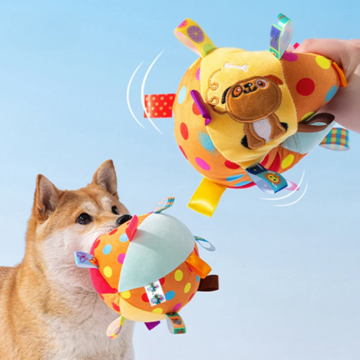 Plush squeaky interactive dog toy ball for fetch & canine playtime. Durable pet toy.