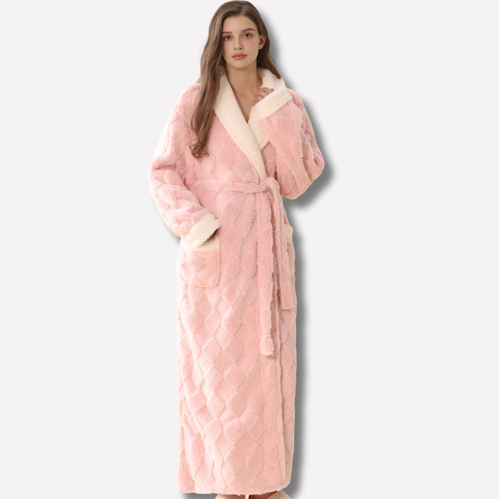 Plush women's hooded flannel bathrobe, thick and warm for ultimate cozy comfort as winter loungewear.