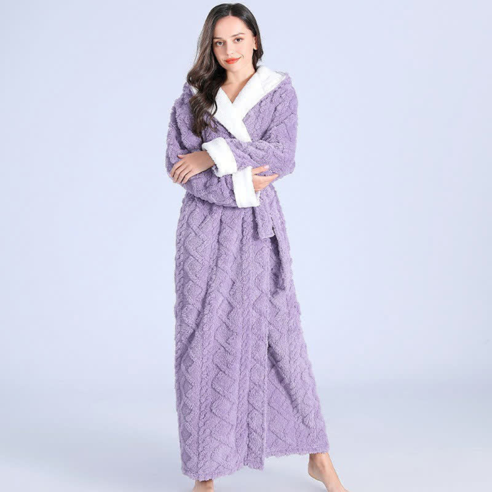 Cozy women's thick flannel hooded robe, perfect for chilly mornings and relaxing winter comfort.