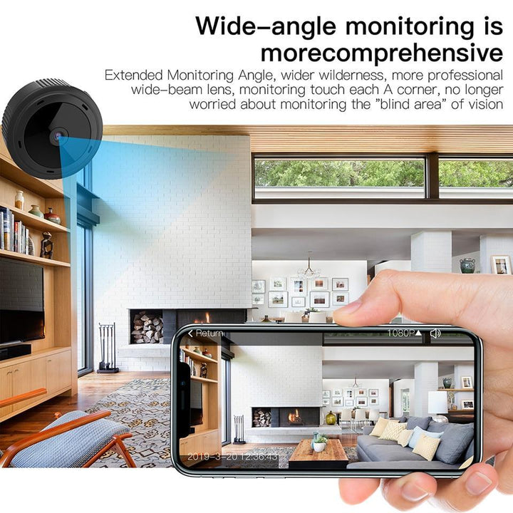 Mini portable 1080P security camera with night vision for discreet home surveillance & motion detection.