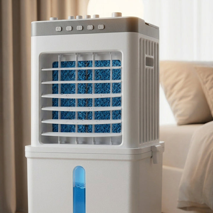 Portable 3-in-1 air cooler, dehumidifier, and fan for home comfort. Compact and quiet personal cooling unit.