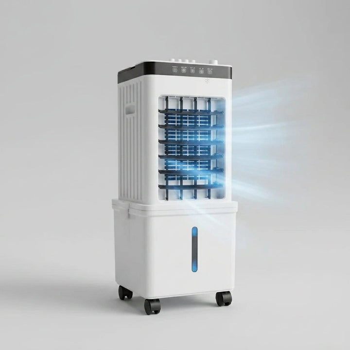 Energy-efficient portable air cooler and fan unit. Ideal for personal climate control & indoor summer comfort.