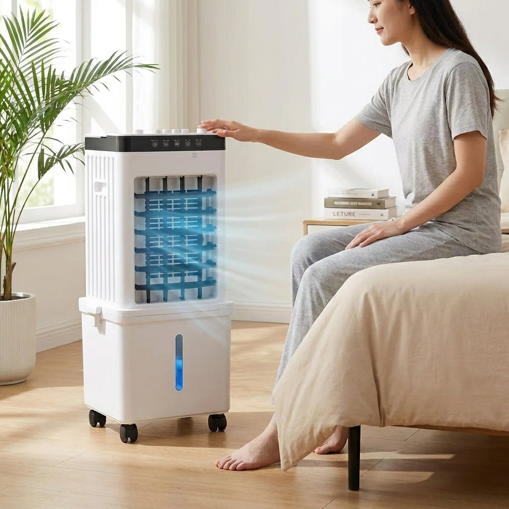 Essential 3-in-1 portable air cooler, fan, and dehumidifier. Provides quiet, energy-efficient summer home cooling.