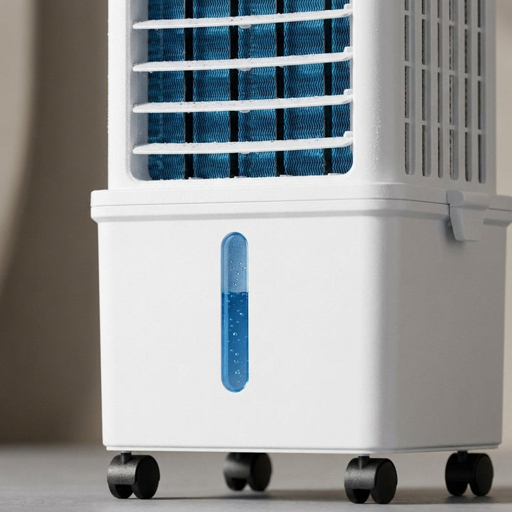 Convenient portable 3-in-1 air cooler unit. Features fan & dehumidifier for personal, quiet indoor climate control.