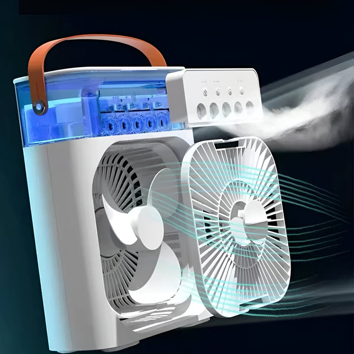 Desktop portable air cooler, humidifier, & fan for a comfortable workspace.