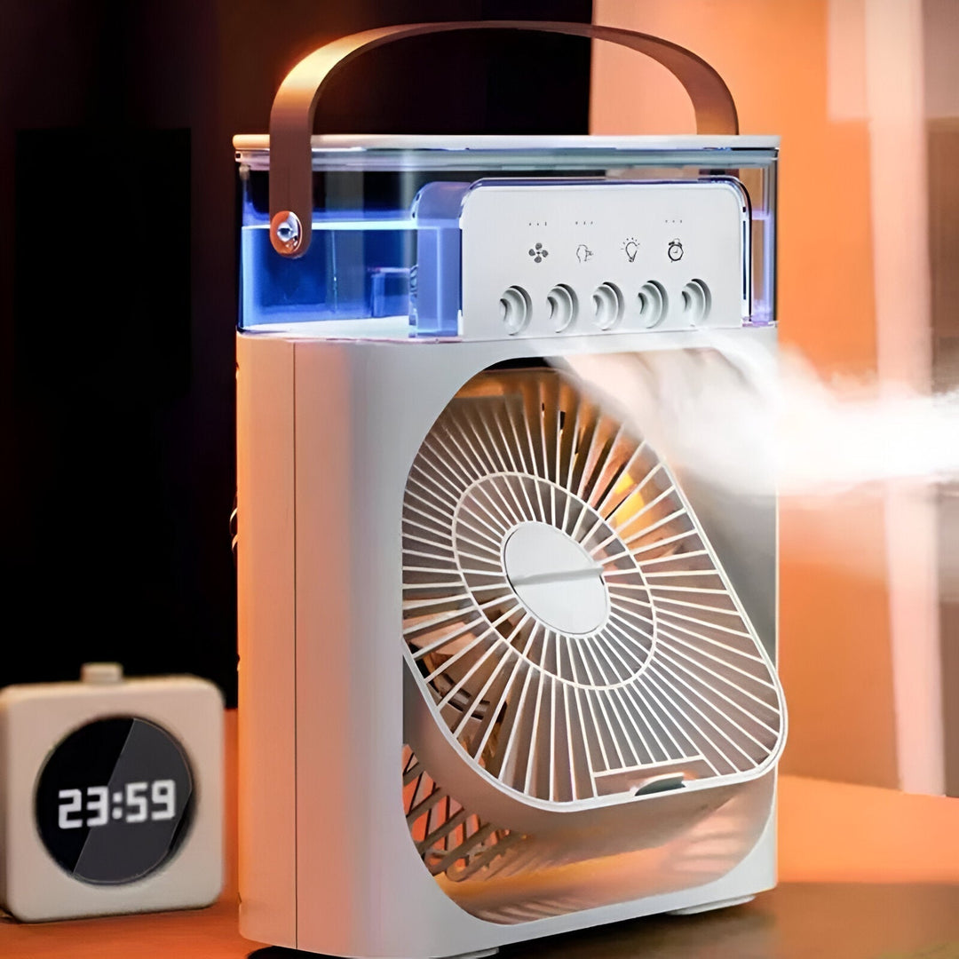 Unisex personal air cooler, humidifier, and fan for cool, fresh air.