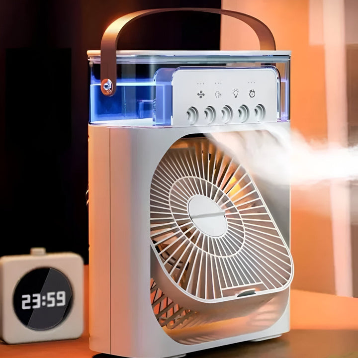 Unisex personal air cooler, humidifier, and fan for cool, fresh air.