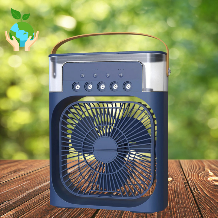 Portable cooling fan with humidifying feature, ideal for personal comfort.