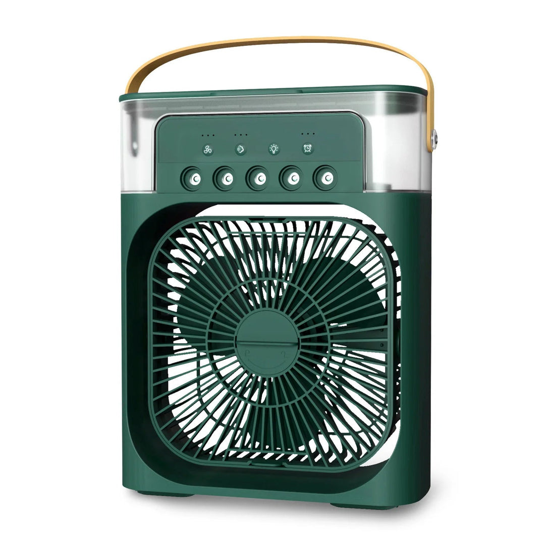 Compact 3-in-1 air cooler, humidifier, and fan for desks & small rooms.