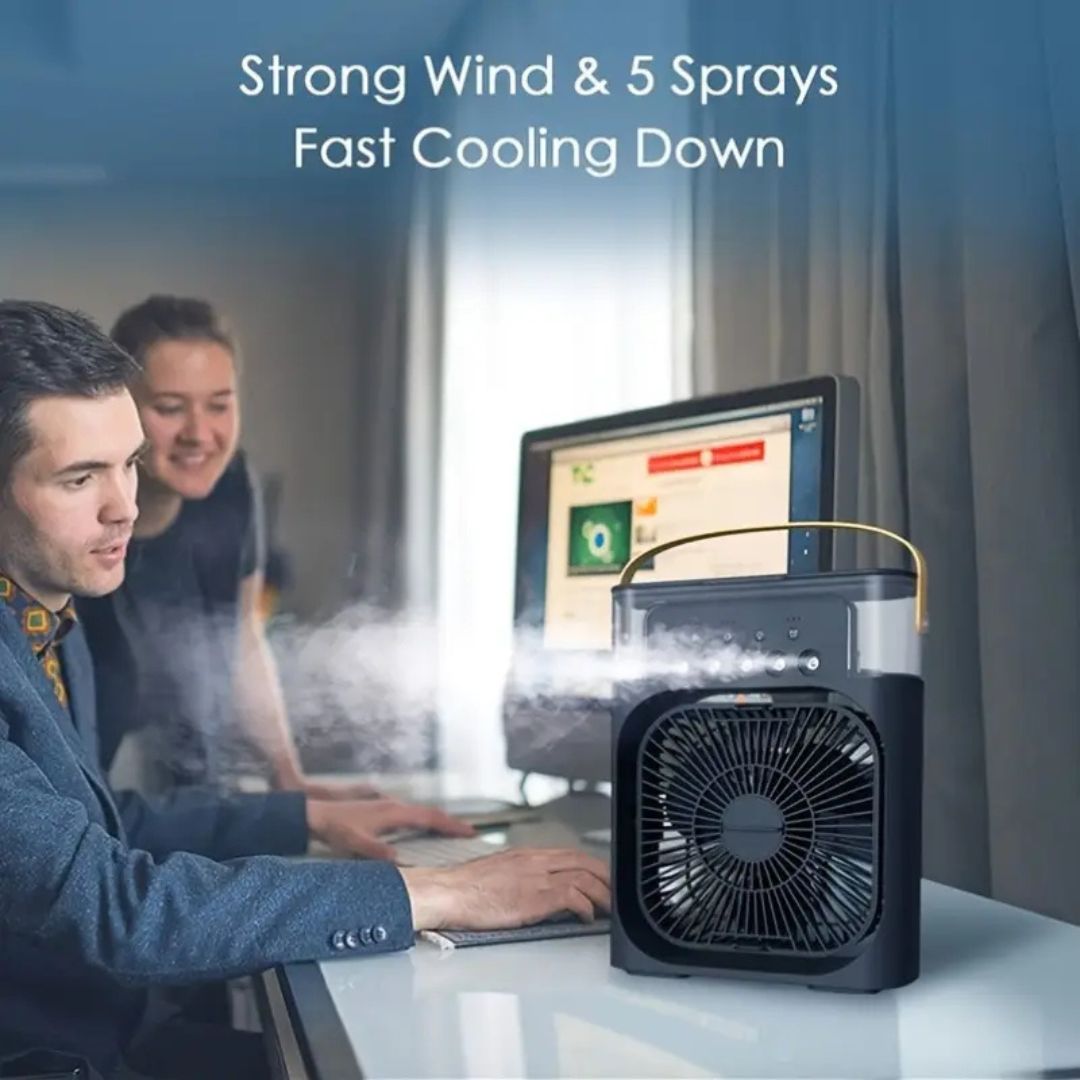 Compact desktop air cooler & humidifier, an energy-efficient personal fan.