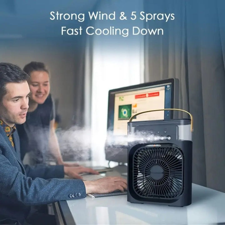 Compact desktop air cooler & humidifier, an energy-efficient personal fan.