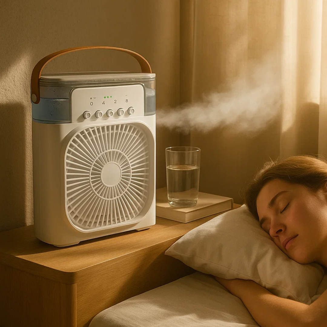 Unisex portable air cooler with humidifier & fan for year-round comfort.