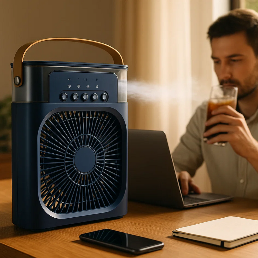 Personal space portable cooler, humidifier, and fan for optimal comfort.